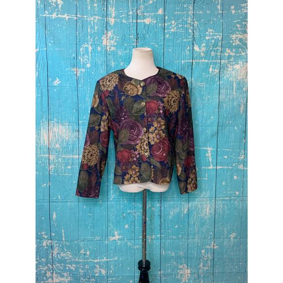 Inseparables vintage padded shoulders floral tapestry buttoned blouse size M - Picture 9 of 9